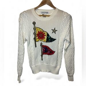 Vintage Carlisle Sport Cream Cable Knit Sweater Sequin 100% Cotton‎ Flag Motif S